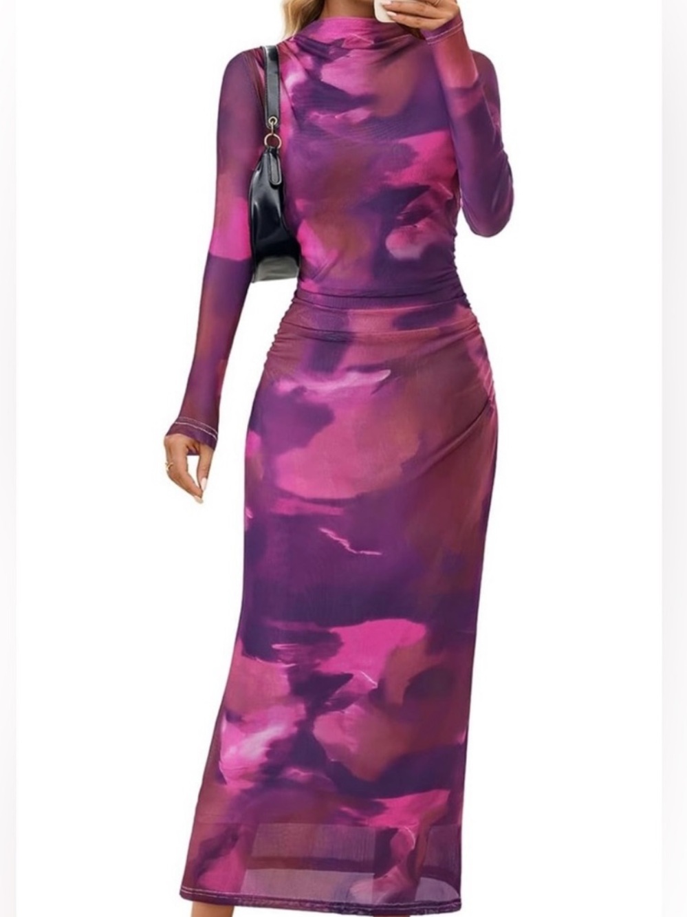 Merokeety NWT Women's Long Sleeve Bodycon Floral Mesh Ruched Cocktail Max
